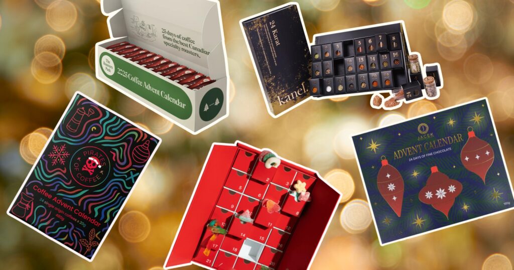 A flat-lay of Canadian advent calendars. Calendars featured include: Kanel, Pirates of Coffee, Jacek Chocolate, Sullivan & Bleeker, The Roasters Pack.