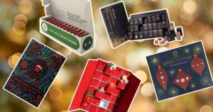 A flat-lay of Canadian advent calendars. Calendars featured include: Kanel, Pirates of Coffee, Jacek Chocolate, Sullivan & Bleeker, The Roasters Pack.