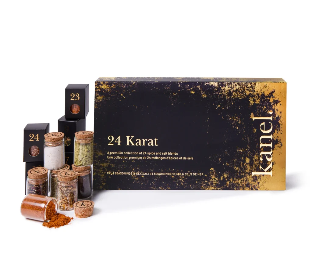 Kanel Spices Advent calendar standing alongside spice bottles